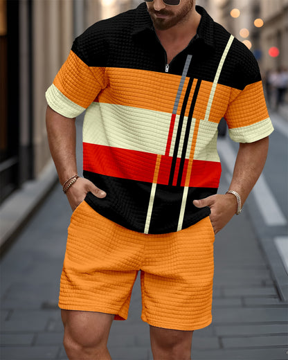 Men's Waffle Texture Summer Polo Shirt Set 136