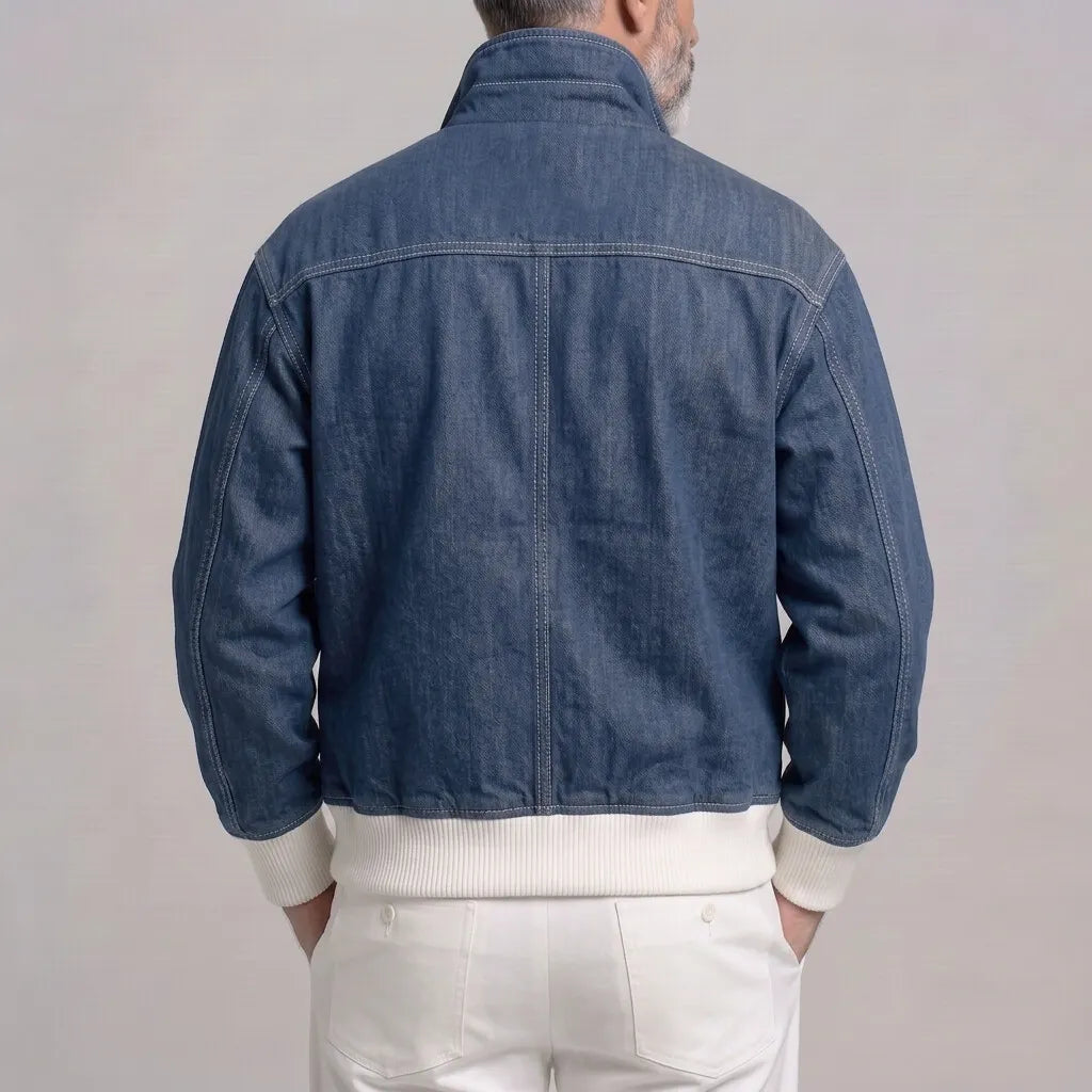 Men's Casual Solid Color Multi-Pocket Ribbed Hem Zip-Up Denim Jacket