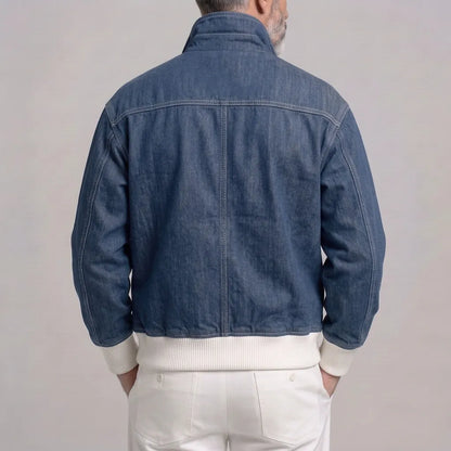 Men's Casual Solid Color Multi-Pocket Ribbed Hem Zip-Up Denim Jacket