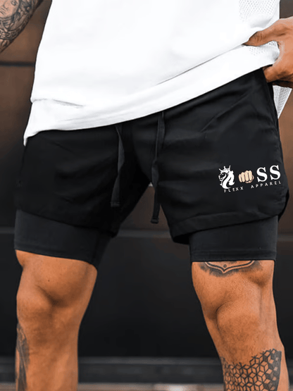 Men's Retro Letter Print Double-Layer Shorts (With Pockets)