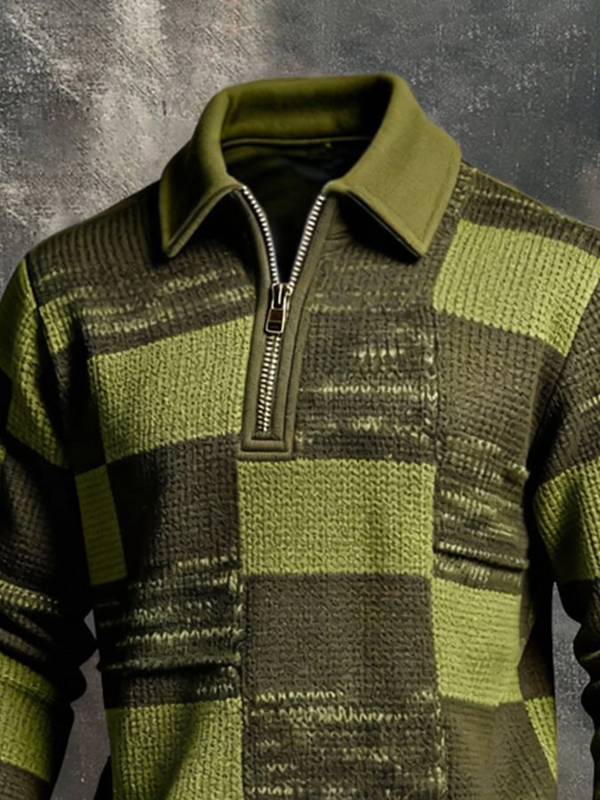 Men's Retro Color Block Print Color-Blocked Zip-Up Sweatshirt