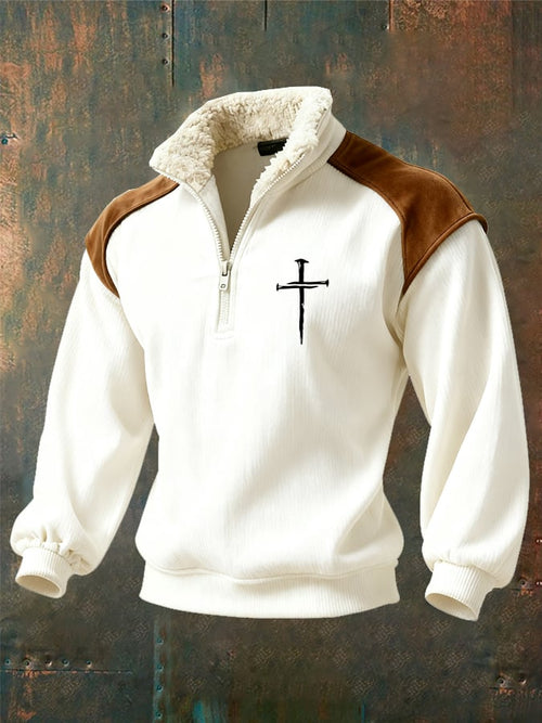 Men's Retro Faith Cross Print Zipper Fur Collar Long Sleeve Sweatshirt