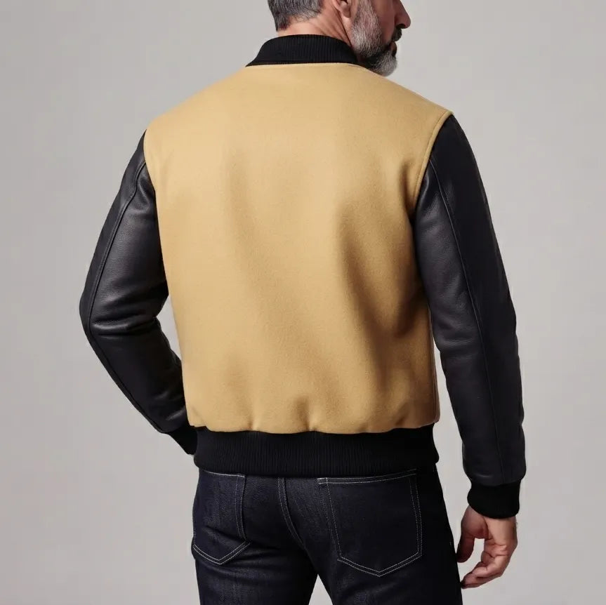 Men's Vintage Woolen Contrast Spliced PU Leather Long Sleeve Button Up Bomber Jacket