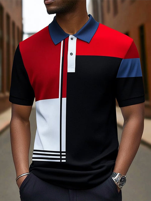 Men's Business Stripe Logo Button-Down Short Sleeve Polo Shirt