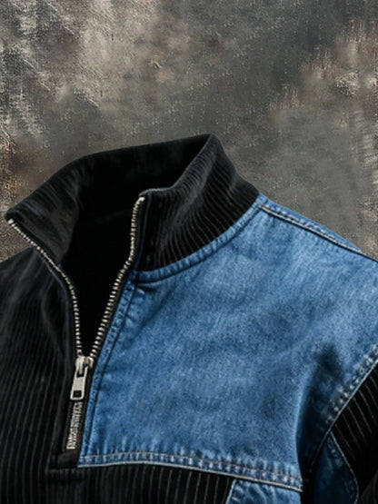 Men's Vintage Corduroy Patchwork Comfortable Color-Block Zip-Up Sweatshirt