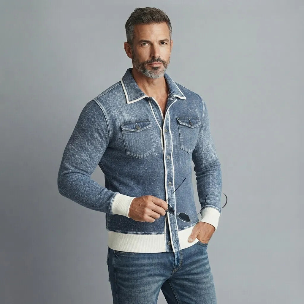 Men's Retro Denim Contrast Binding Chest Pocket Slim Fit Long Sleeve Shirt