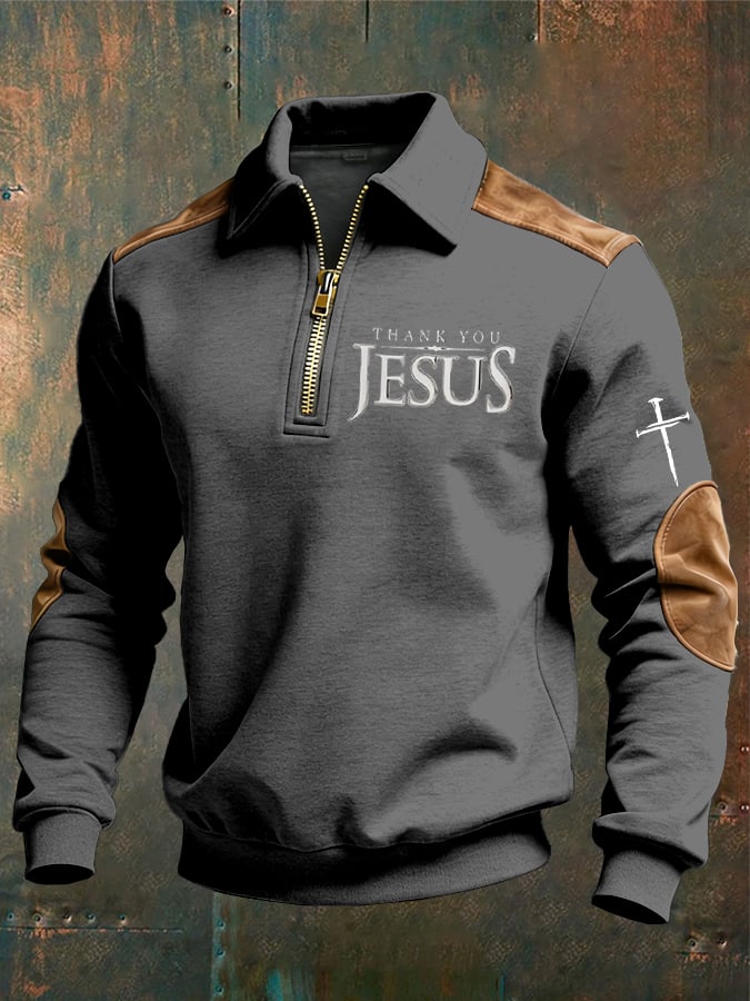 Men's vintage Faith “Thank You Jesus” Design Print Casual Zipper Sweatshirt-Fast Shipping