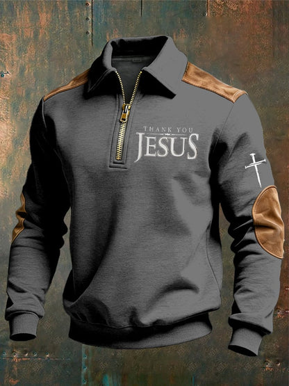 Men's vintage Faith “Thank You Jesus” Design Print Casual Zipper Sweatshirt-Fast Shipping