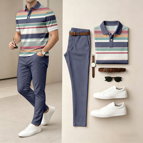 Men's Casual Colorful Stripes Printed Polo Shirt And Pants Two-Piece Set
