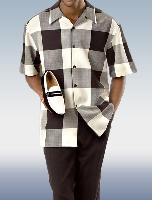 Rianmond Men's Vintage Check Short Sleeve Shirt Hiking Set 298
