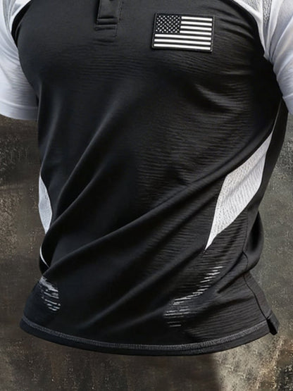 Men's Retro Patriotic Color-Block Short-Sleeve Polo Shirt