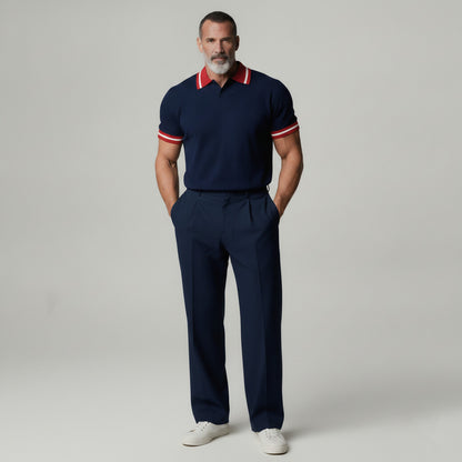 Men's Navy Blue Contrast Trim Turndown Collar Back Letter Pattern Polo Shirt