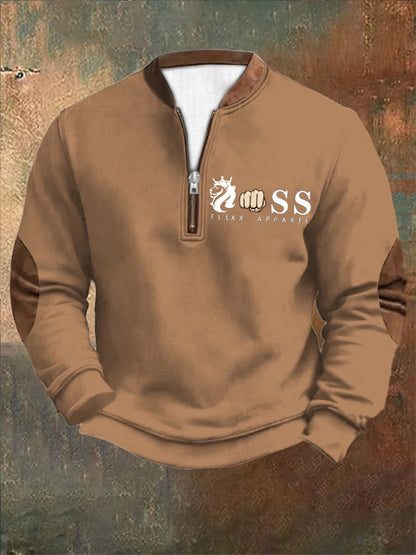 Men's Retro Letter Design Printed Zipper Collar Sweatshirt