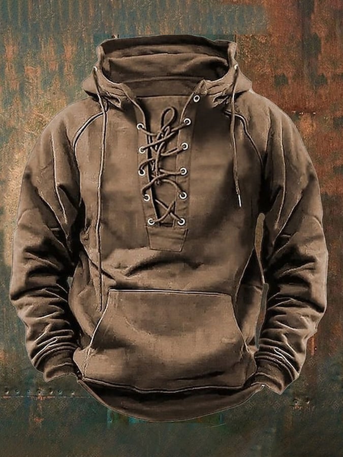 Men's Western Style Drawstring Raglan Hooded Sweatshirt
