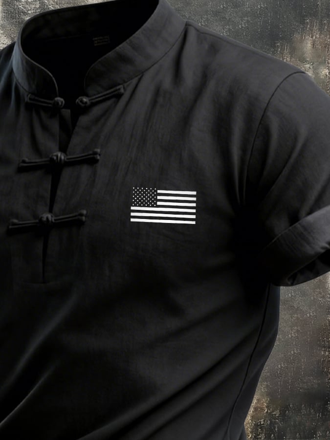 Men's Retro Patriot Flag Button Short-Sleeve T-Shirt