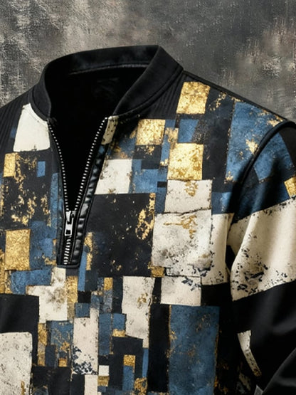 Men's Vintage Color-Block Printed Zip-Up Hoodie