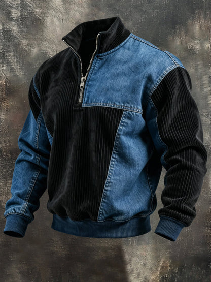 Men's Vintage Corduroy Patchwork Comfortable Color-Block Zip-Up Sweatshirt
