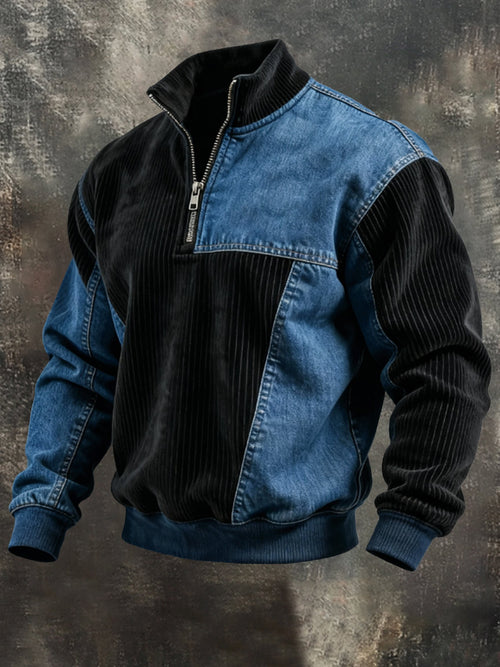 Men's Vintage Corduroy Patchwork Comfortable Color-Block Zip-Up Sweatshirt
