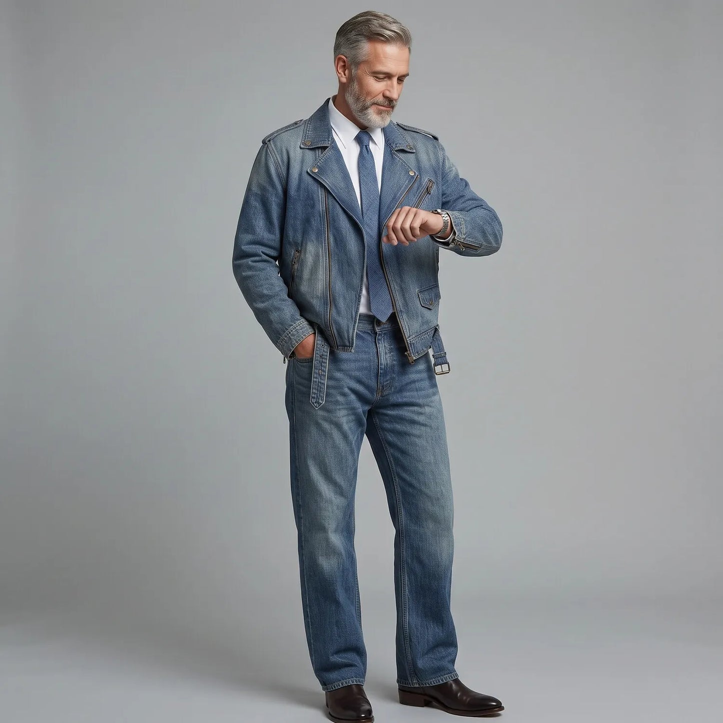 Men's Blue Notch Lapel Asymmetrical Zipper Multi-Pocket Washed Denim Jacket