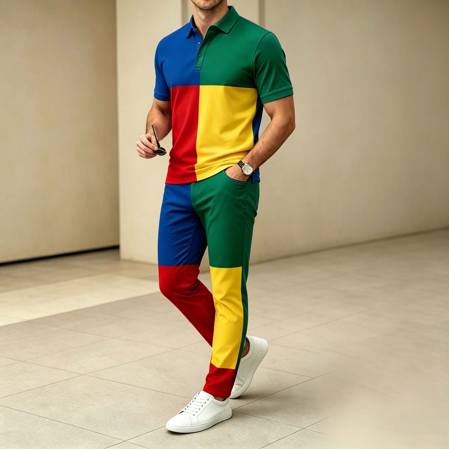 Men's Casual Color-Blocked Geometric Printed Polo Shirt And Pants Two-Piece Set