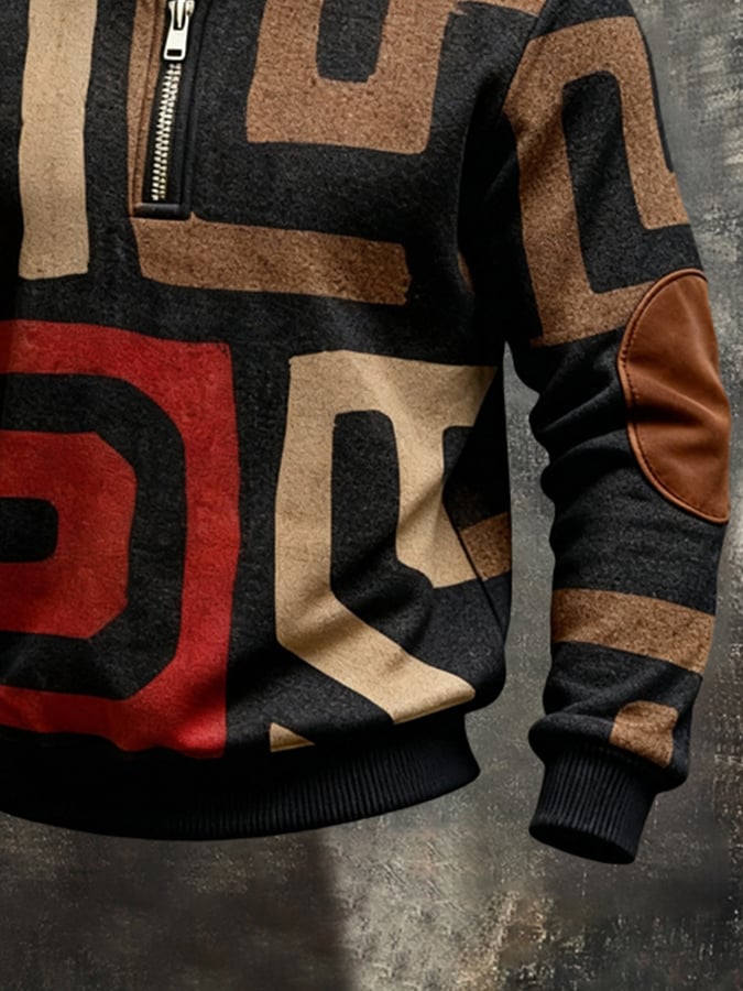 Men'S Vintage Color-Block Printed Zip-Up Sweatshirt