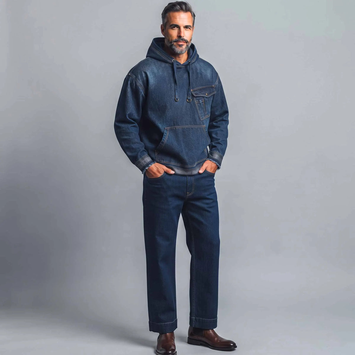 Men's Dark Blue Chest Pocket Frayed Hem Drawstring Pullover Denim Hoodie