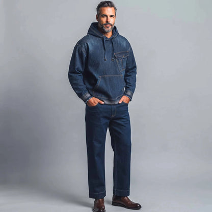 Men's Dark Blue Chest Pocket Frayed Hem Drawstring Pullover Denim Hoodie