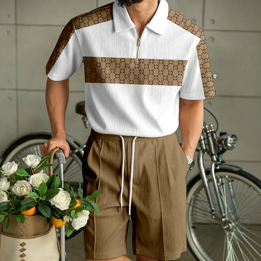 Men's Color-Blocked Zipper Polo Shirt and Shorts Set