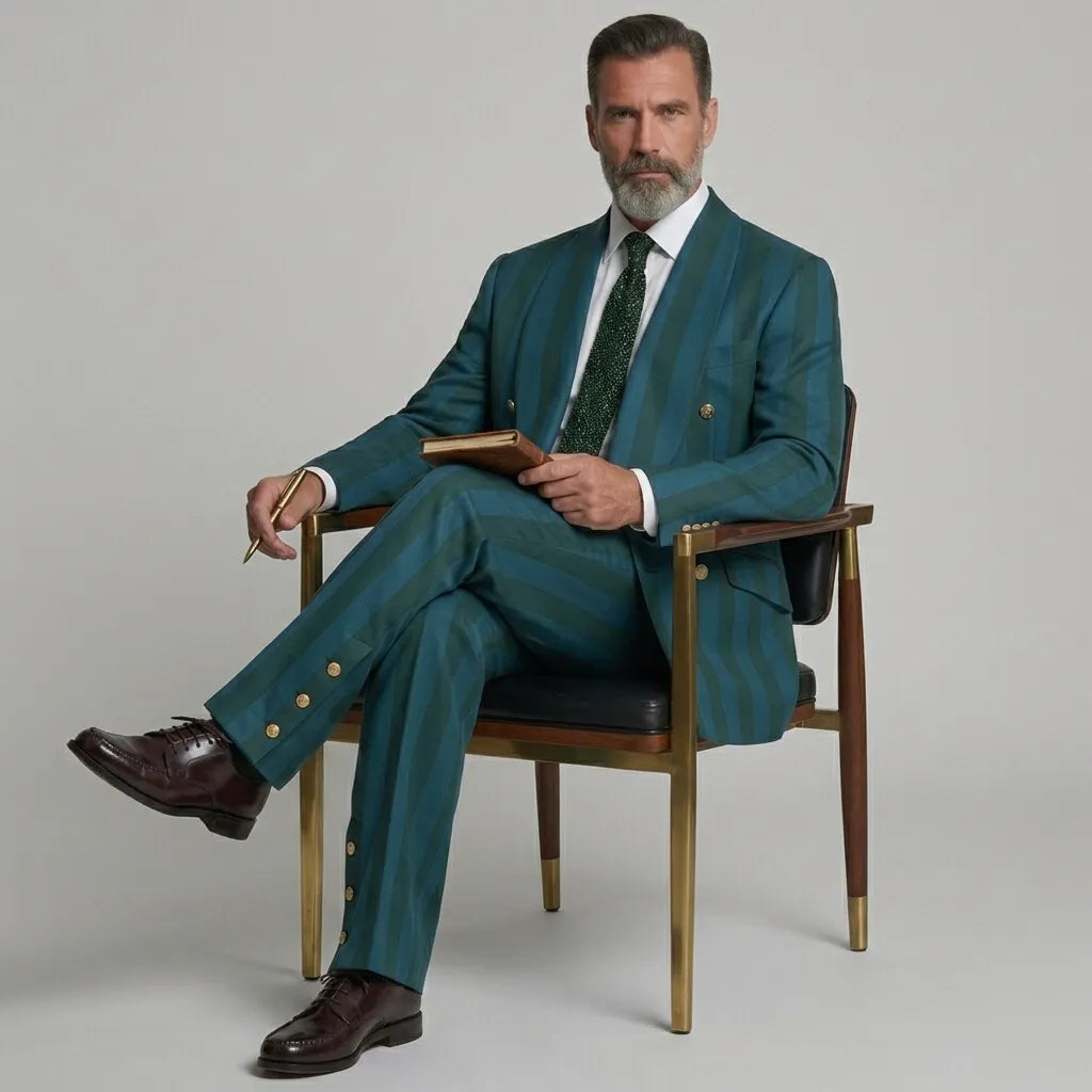 Men's Teal Contrast Striped Print Side Buttons High Waist Wide Leg Suit Pants