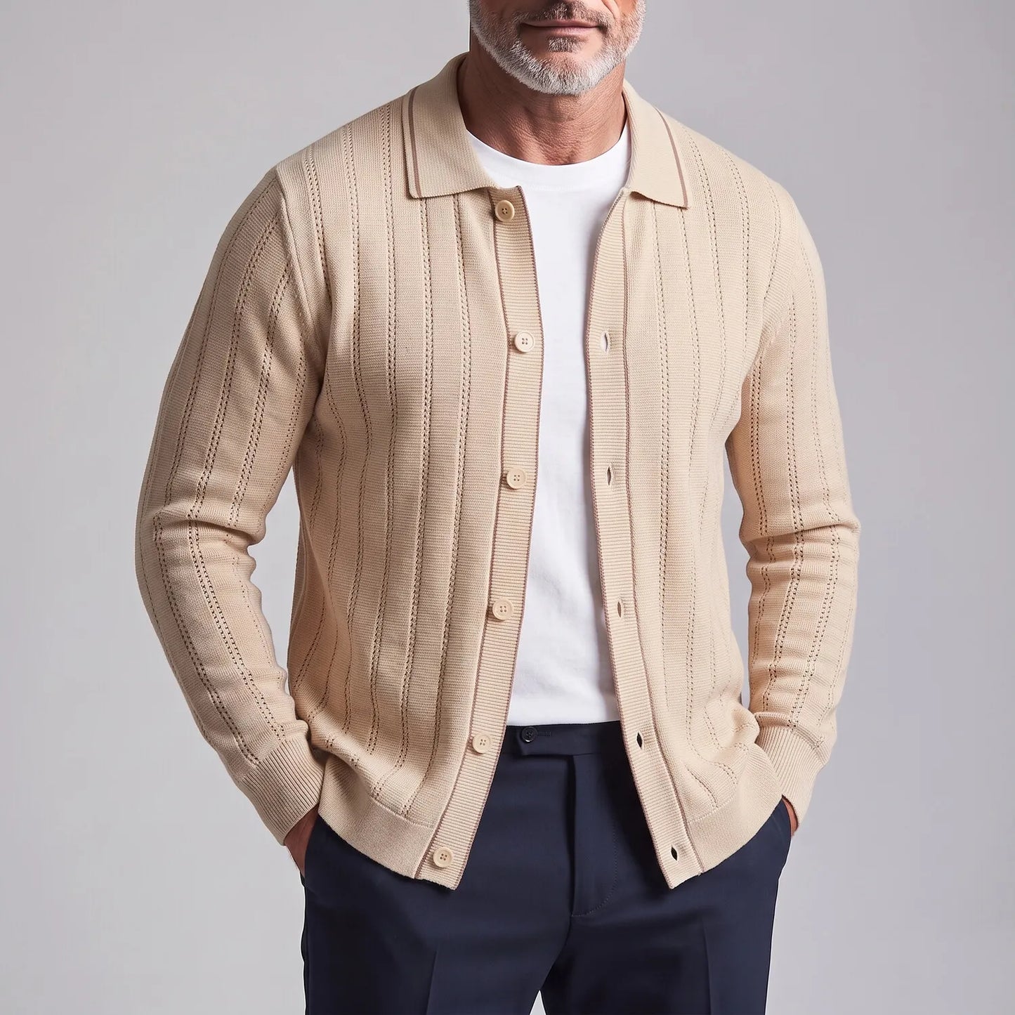 Men's Navy Blue Hollow Out Contrast Trim Single Breasted Knit Cardigan
