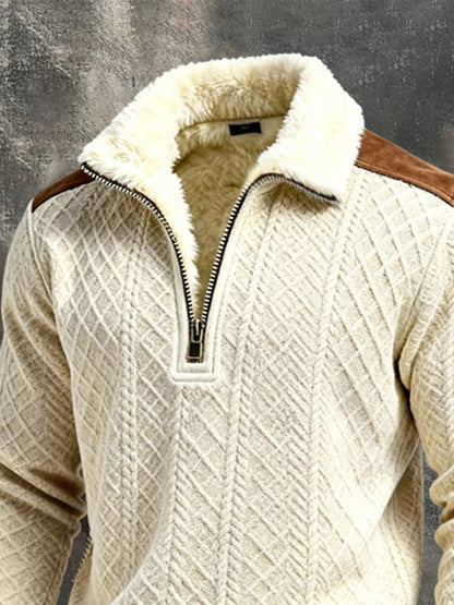 Men'S Vintage-Style Textured Color-Block Warm Long-Sleeved Sweatshirt