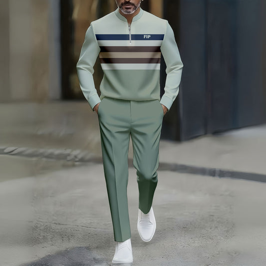 Men's Casual Green Color Matching Striped Printed Round-Neck Zipper Long Sleeved Trousers Two-Piece Set