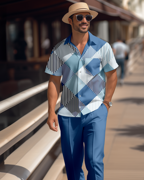 Men's retro colorblock short-sleeved shirt walking Suit 1689