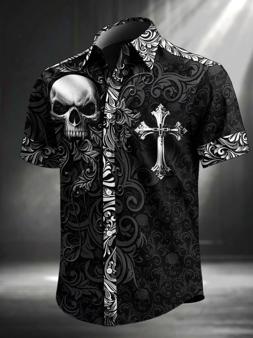 Men's Vintage Skull Floral Print Lapel Short Sleeve Shirt