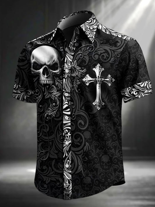 Men's Vintage Skull Floral Print Lapel Short Sleeve Shirt