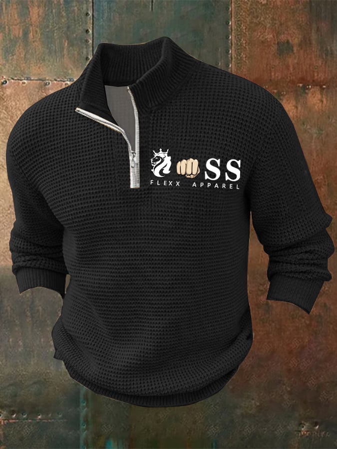 Men's Retro Letter Design Printed Zipper Collar Jacquard Knitted Sweatshirt