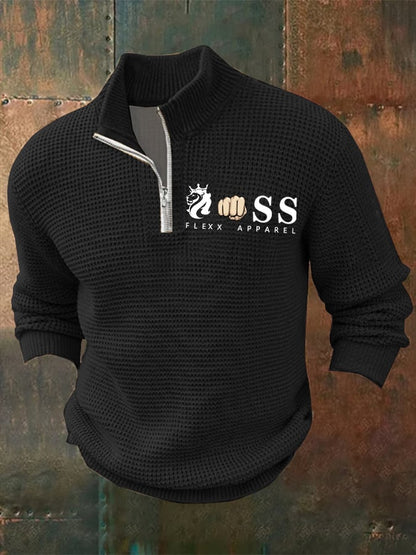 Men's Retro Letter Design Printed Zipper Collar Jacquard Knitted Sweatshirt