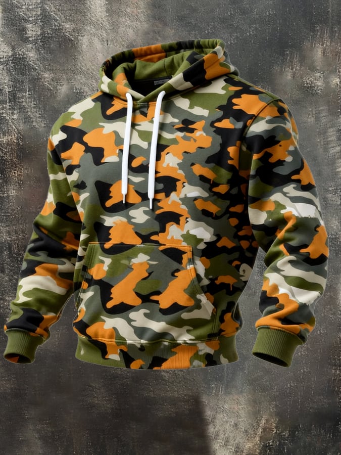 Men's Retro Distressed Color Block Camouflage Print Casual Long Sleeve Sweatshirt