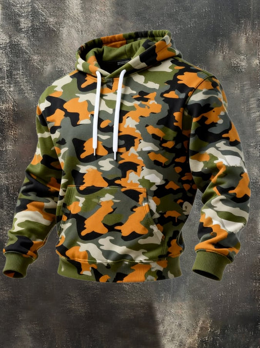 Men's Retro Distressed Color Block Camouflage Print Casual Long Sleeve Sweatshirt