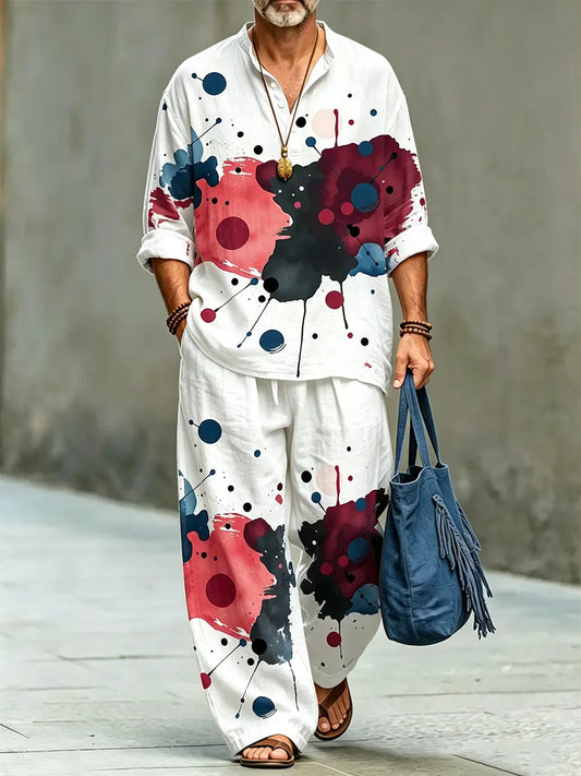 Men's Stylish Abstract Art Print Cotton Shirt Set