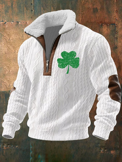 Men's St. Patrick's Clover Jacquard Fabric Zipper Fur Collar Long-Sleeved Sweatshirt