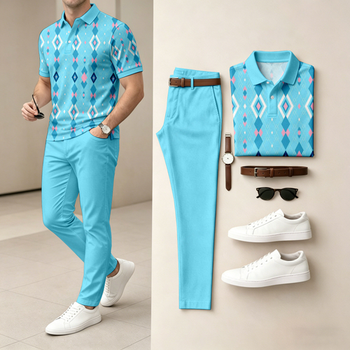 Men's Casual Colorful Diamond-Patterned Short-Sleeve Polo Shirt And Pants Set (Excludes Accessories Such As Watches And Belts)