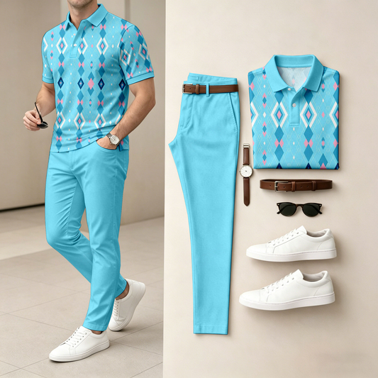 Men's Casual Colorful Diamond-Patterned Short-Sleeve Polo Shirt And Pants Set (Excludes Accessories Such As Watches And Belts)