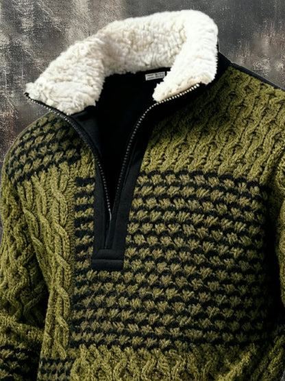 Men's Retro Color Block Print Casual Fur Collar Sweatshirt