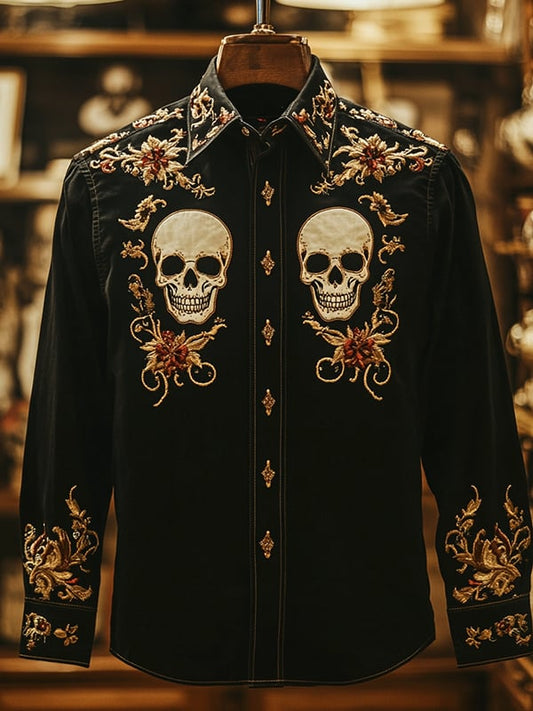 Men's Retro Casual Skull Print Long Sleeve Shirt