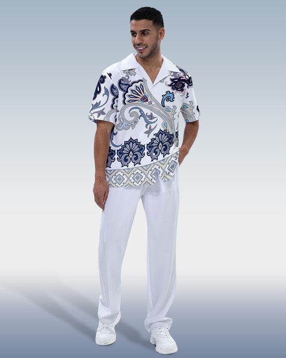 Rianmond Men's White Printed Short Sleeve Shirt Walking Set 249