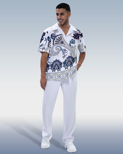 Rianmond Men's White Printed Short Sleeve Shirt Walking Set 249