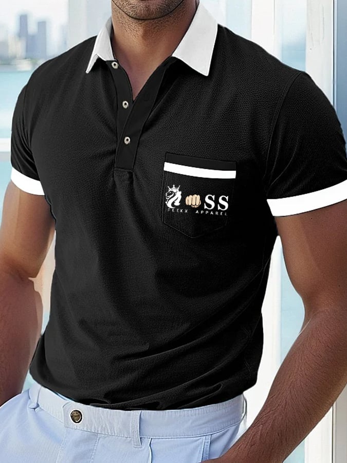 Men's Casual Comfortable Breathable Retro Letter Print Polo Shirt with Pockets