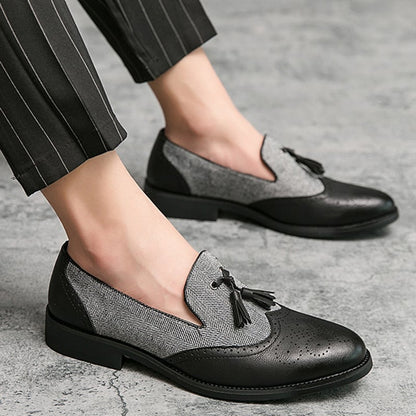 Business Casual Retro Carved Color Block Fringed Leather Shoes