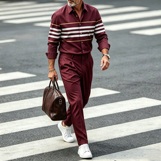 Men's Horizontal-Striped Collared Long-Sleeve Shirt and Pants Set